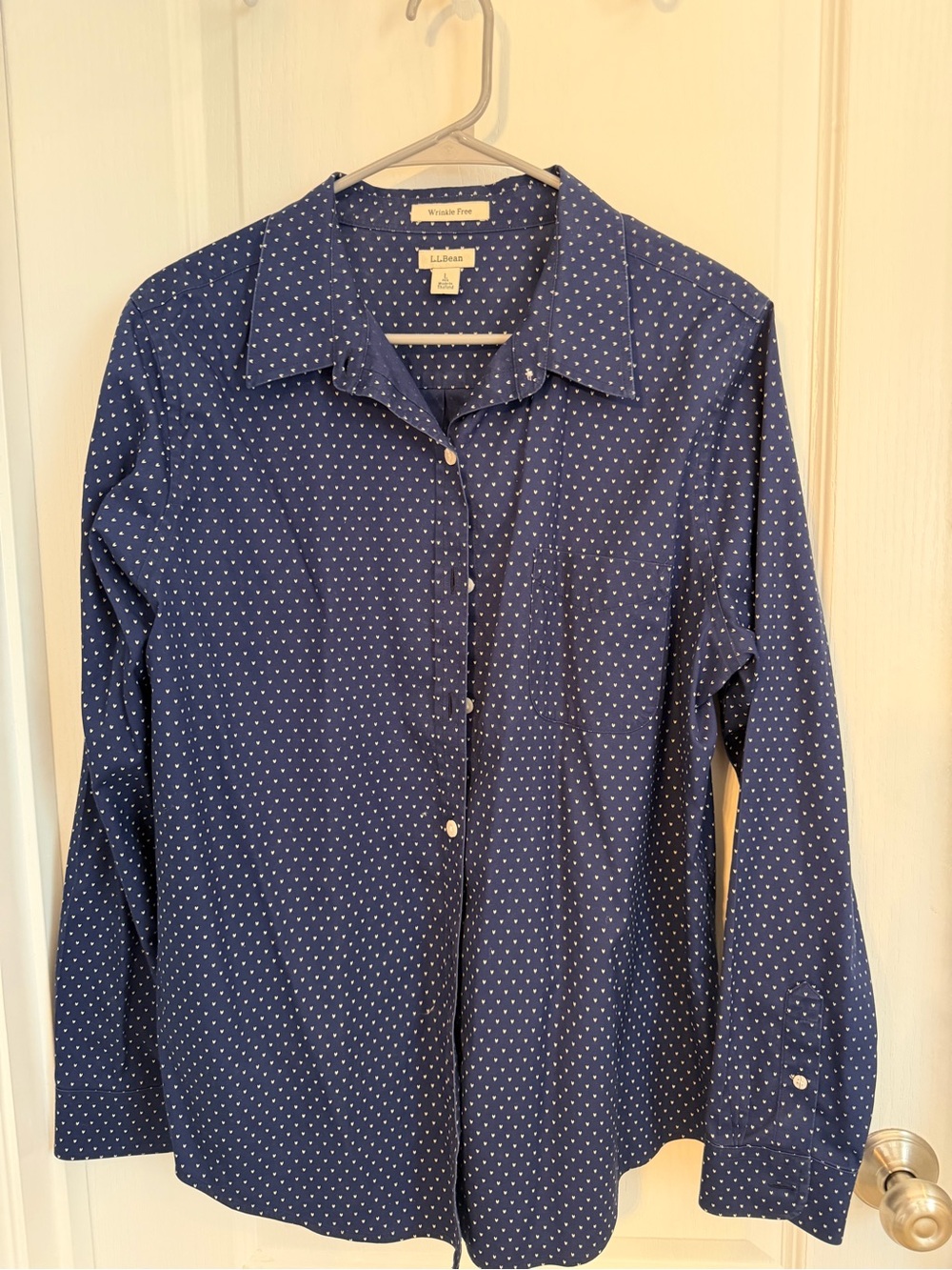 L.L. Bean Navy Blue Polka Dot Women's Wrinkle-Free Button-Up Shirt